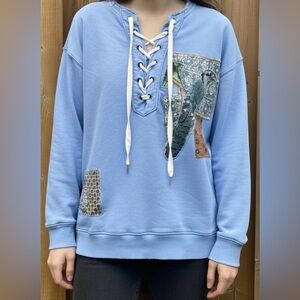 AERIE Upcycled Blue Jay and Patchwork Sweatshirt - Size Medium